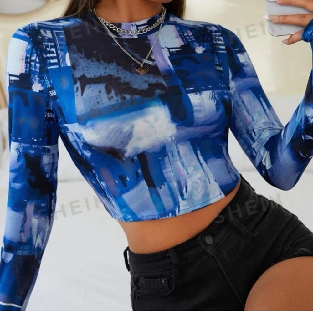 SHEIN Blue Abstract Design Long Sleeve Crop Top,Size Small